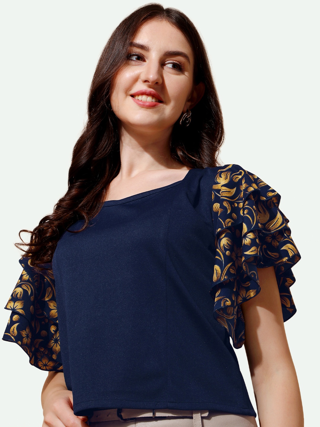 

Paralians Navy Blue Floral Printed Layered Sleeves Crop Top