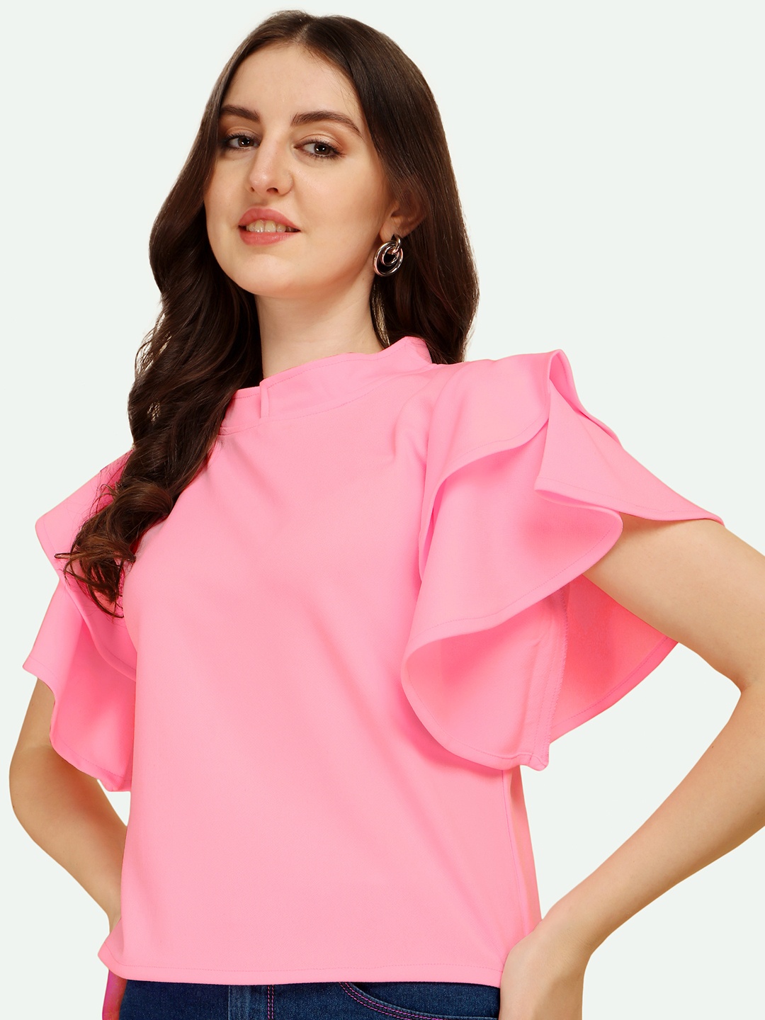 

Paralians Women Pink Solid Ruffled Sleeve Top