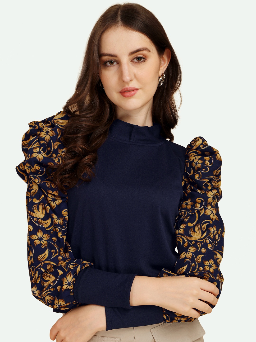 

Paralians Blue Solid Floral Print Top