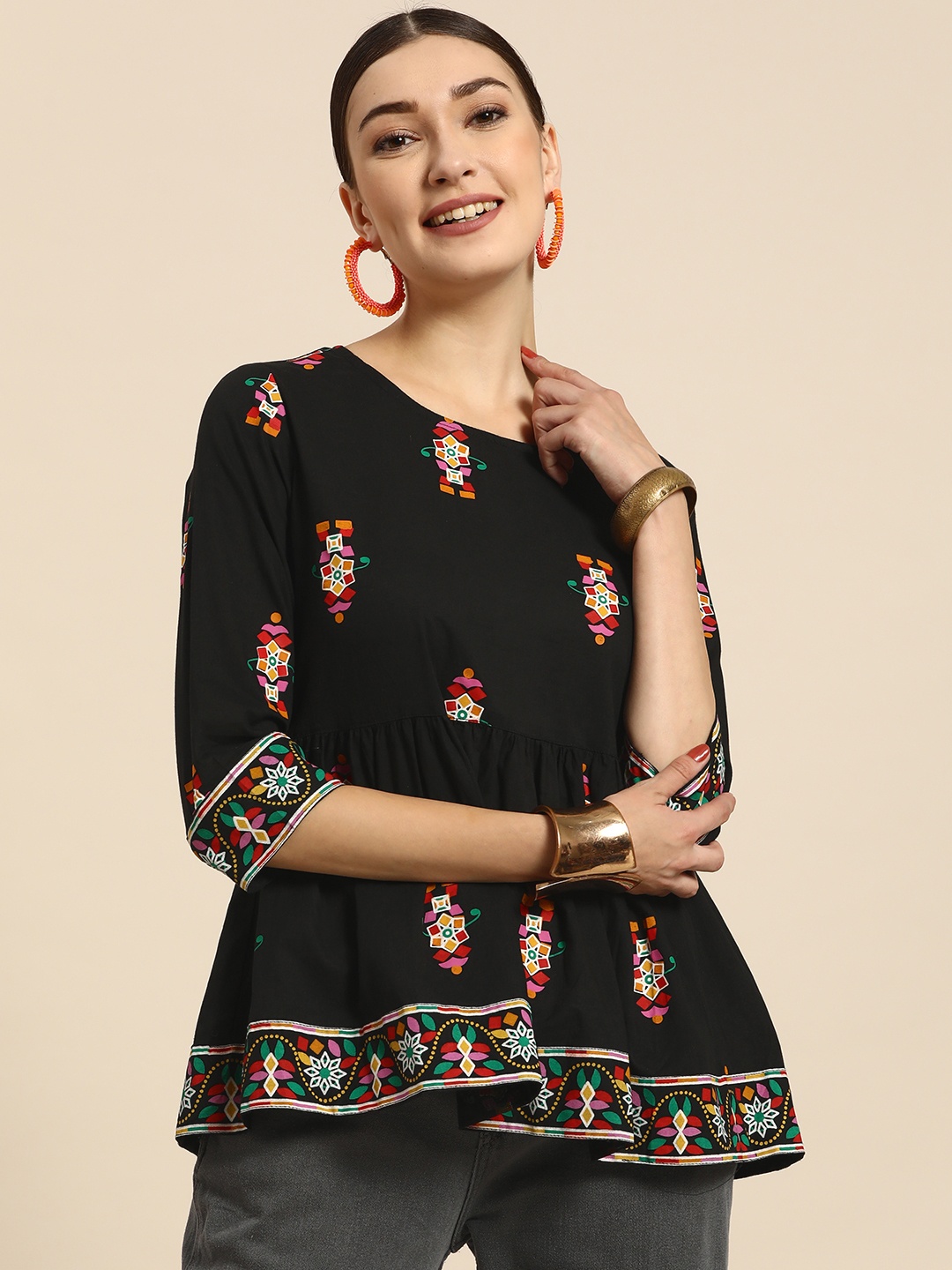 

Sangria Black Pure Cotton Ethnic Motifs Printed Tunic