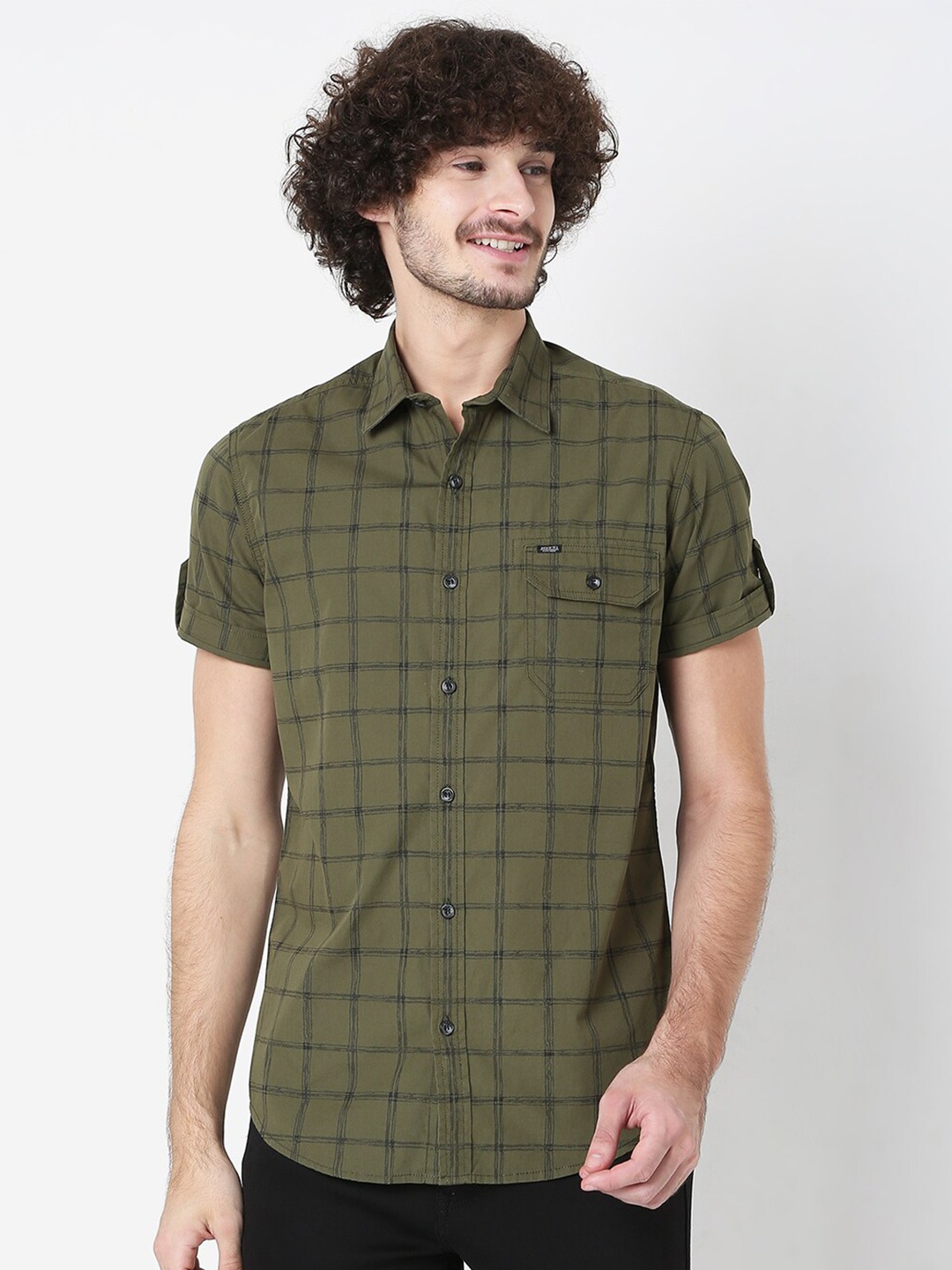 

Mufti Men Olive Green Classic Slim Fit Checked Pure Cotton Casual Shirt