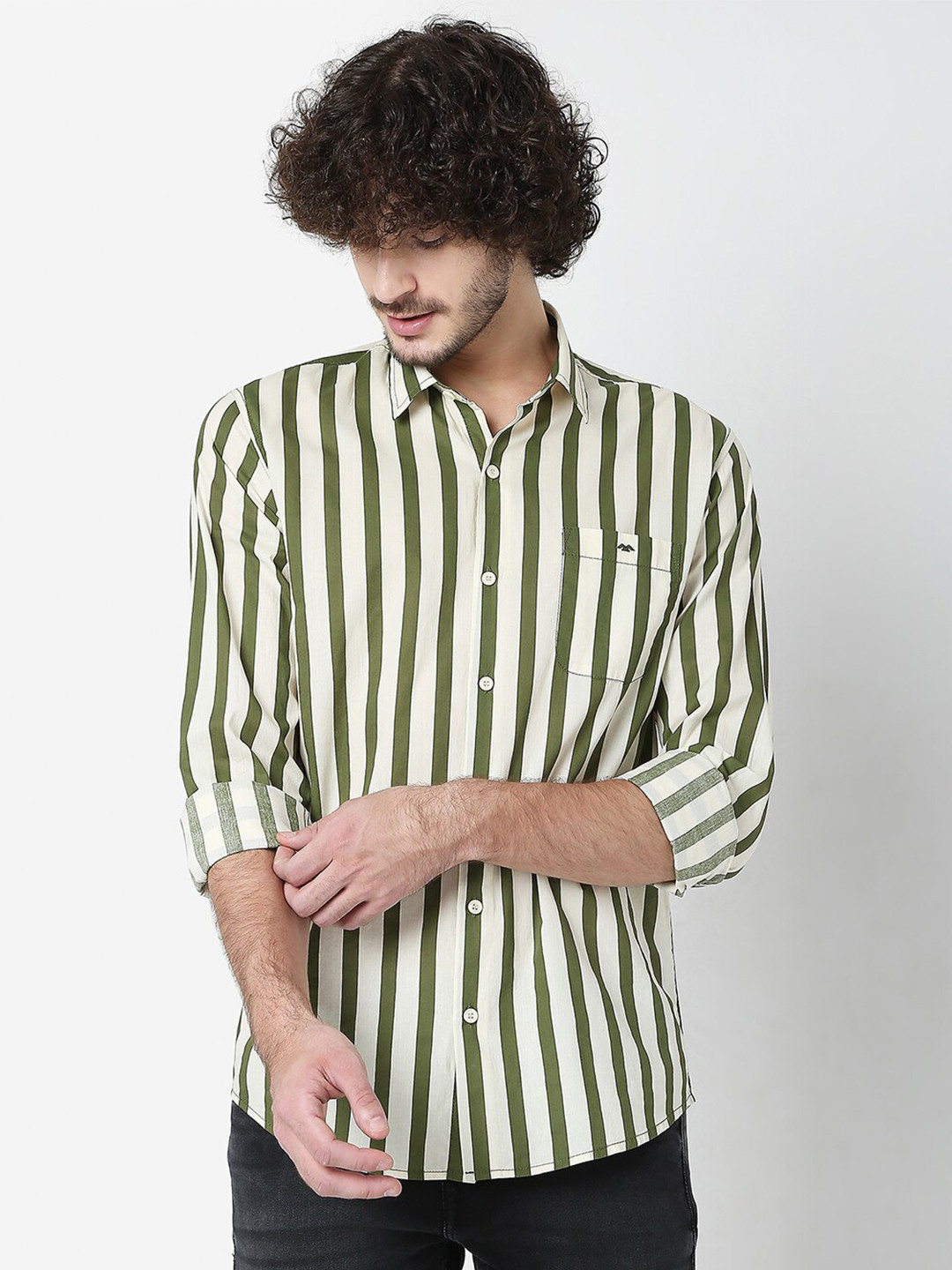

Mufti Men Beige Classic Slim Fit Striped Pure Cotton Casual Shirt