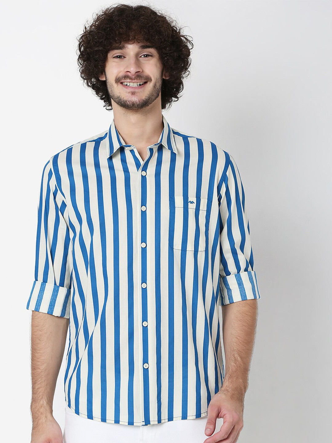 

Mufti Men Beige & Blue Classic Slim Fit Striped Pure Cotton Casual Shirt