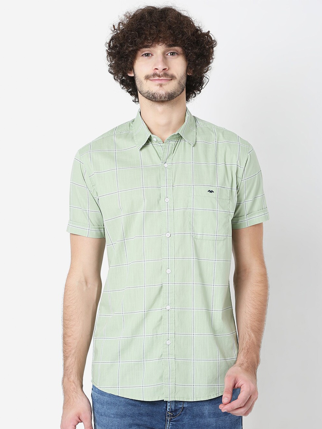 

Mufti Men Olive Green Classic Slim Fit Checked Pure Cotton Casual Shirt