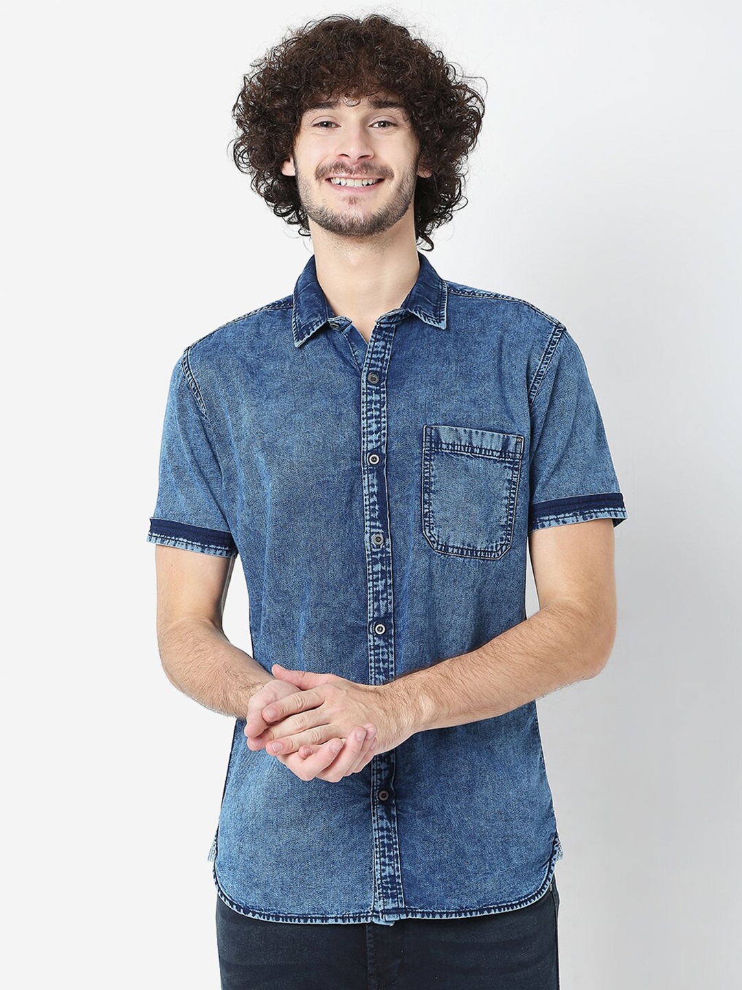 

Mufti Men Navy Blue Classic Slim Fit Faded Cotton Casual Shirt