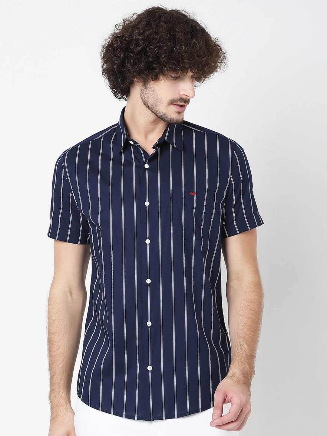 

Mufti Men Navy Blue & White Classic Slim Fit Striped Pure Cotton Casual Shirt