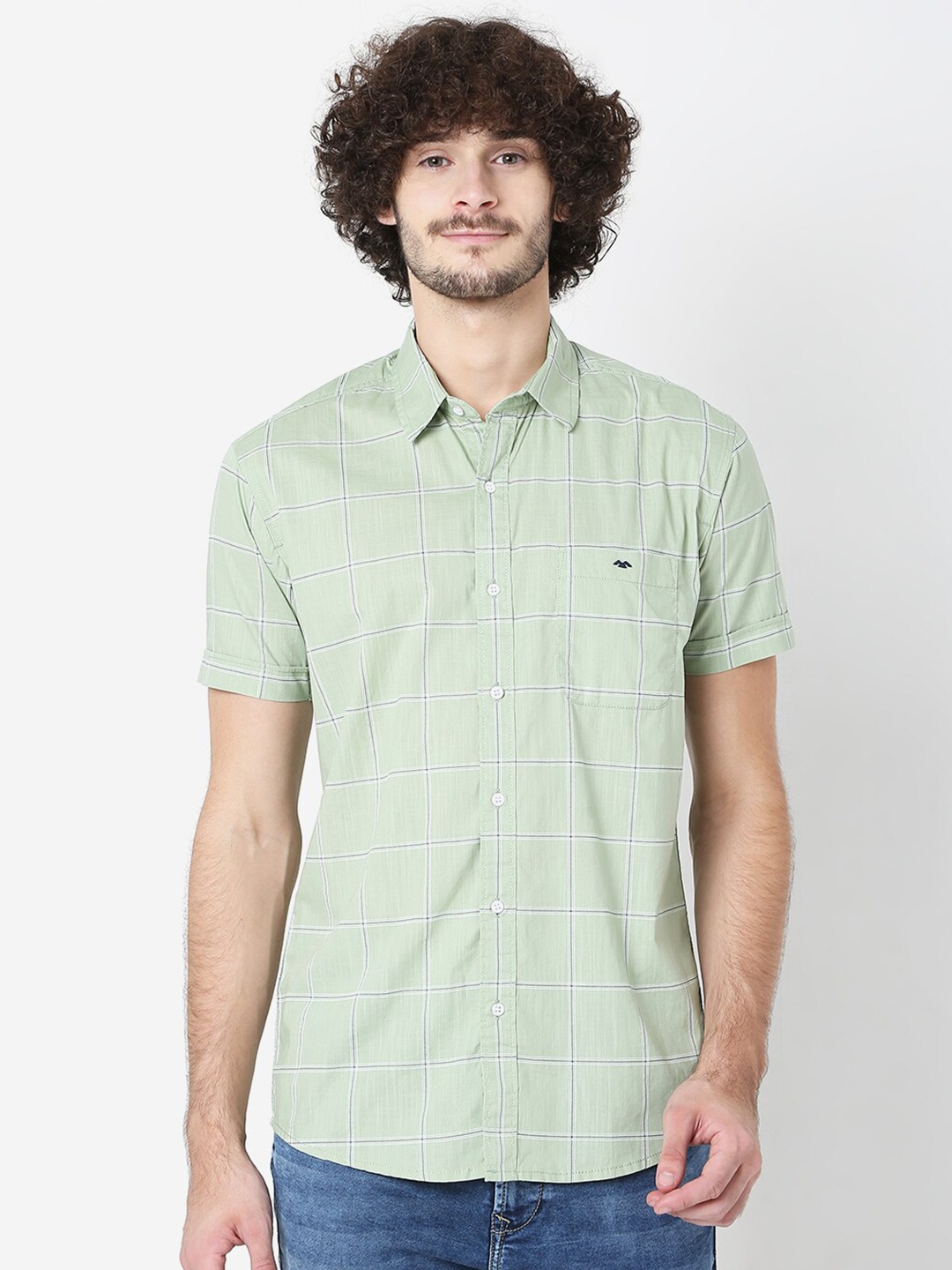 

Mufti Men Olive Green Classic Slim Fit Checked Pure Cotton Casual Shirt