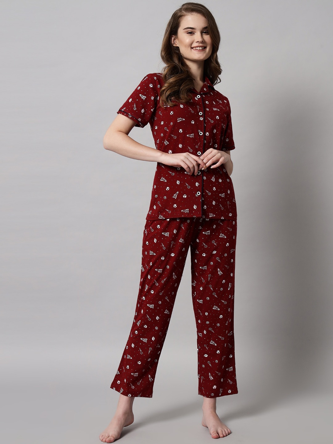 

SEPHANI Women Maroon & White Printed Cotton Night suit