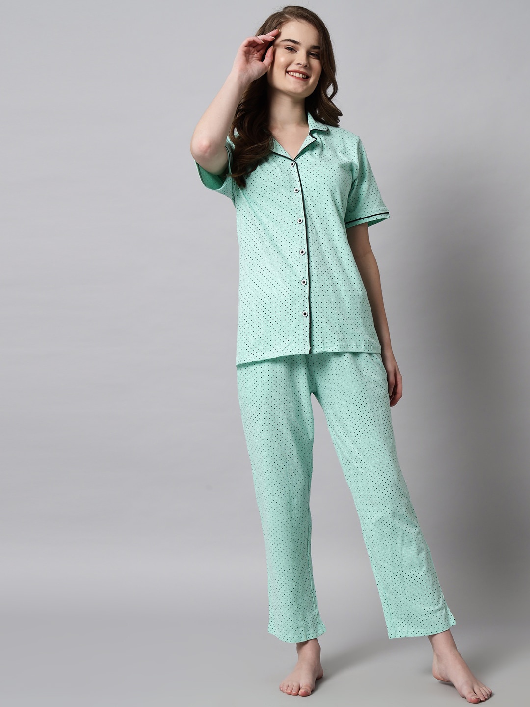 

SEPHANI Women Sea Green Printed Pure Cotton Night suit