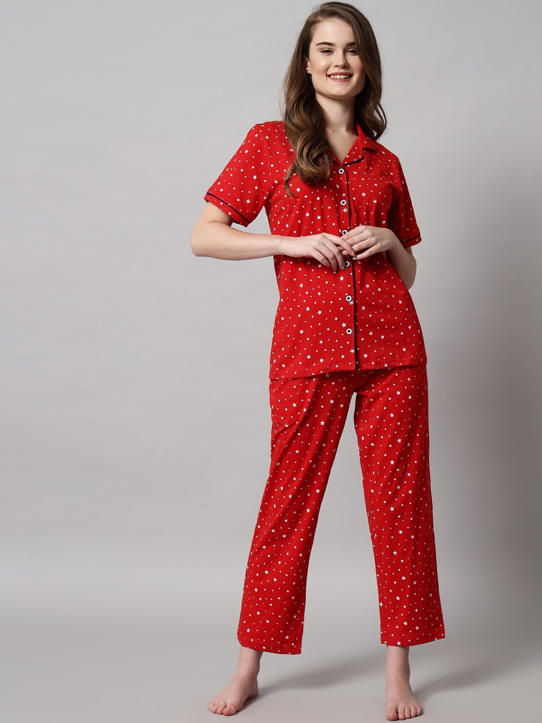 

SEPHANI Women Red & White Printed Night suit