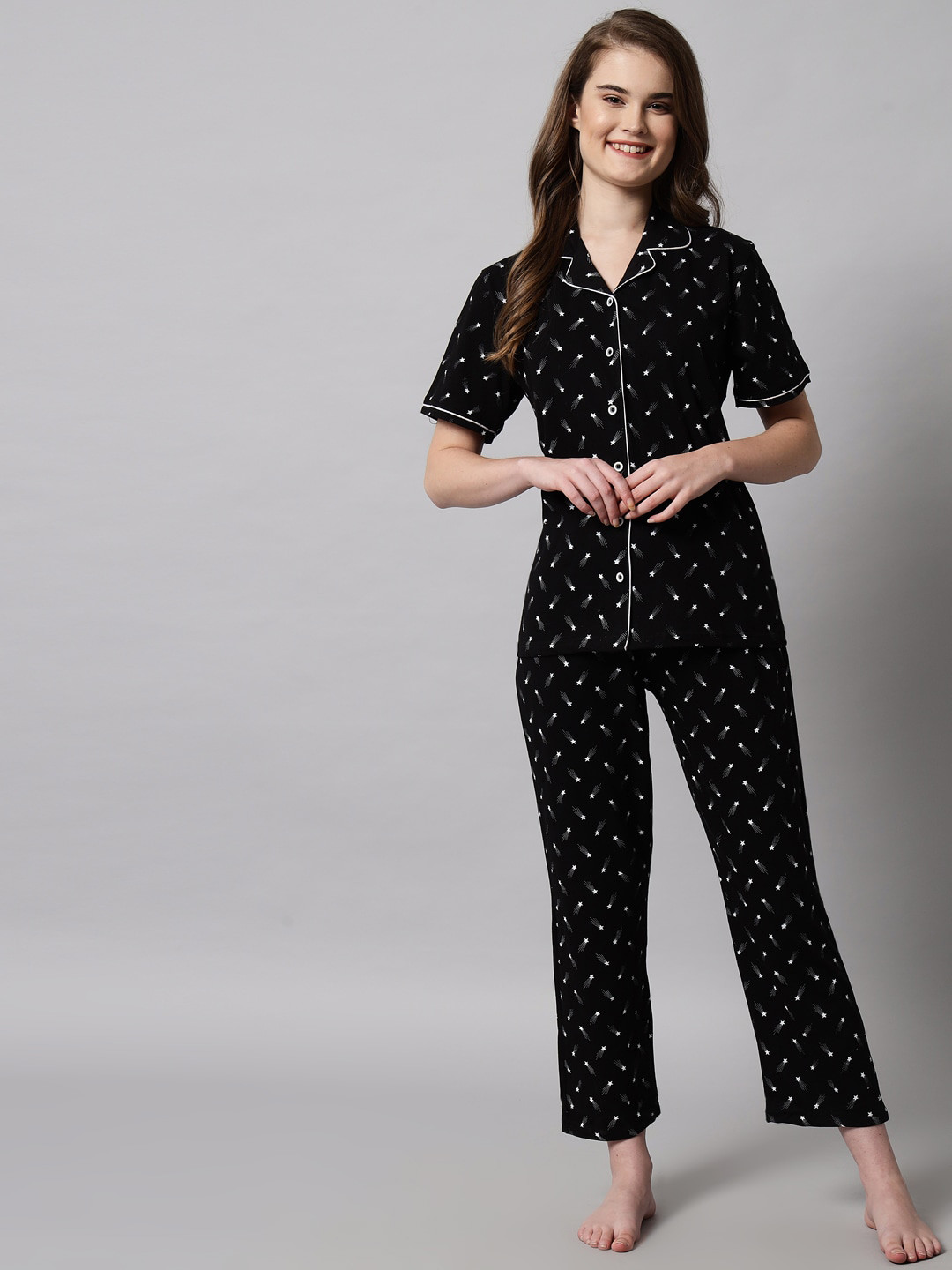 

SEPHANI Women Black & White Printed Pure Cotton Night suit
