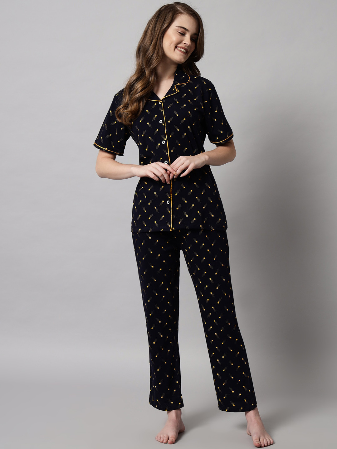 

SEPHANI Women Navy Blue & Yellow Printed Pure Cotton Night suit