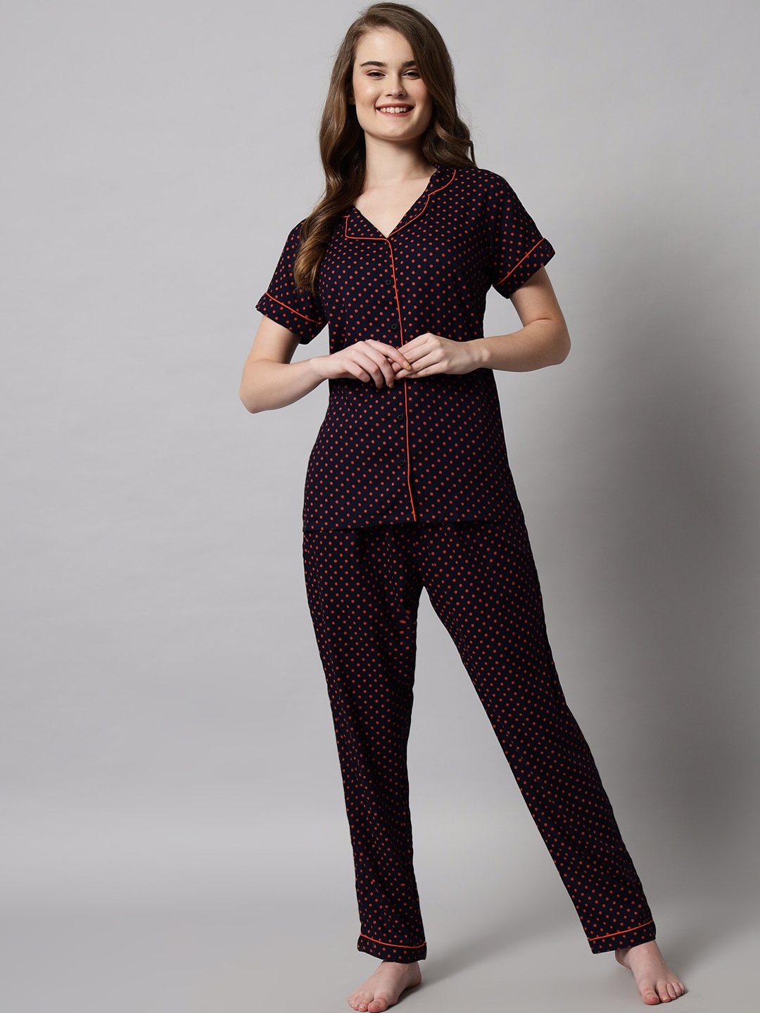 

SEPHANI Women Navy Blue & Red Printed Cotton Night suit SP-NBLUE-ORG-1793
