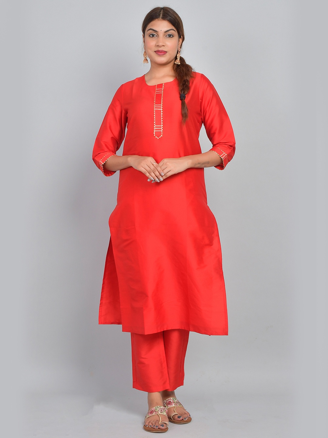 

Riara Women Art Silk Solid Straight Kurta with Trousers, Red