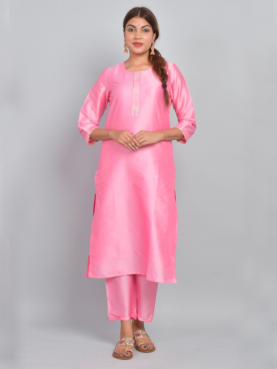 

Riara Women Art Silk Solid Straight Kurta with Trousers, Pink