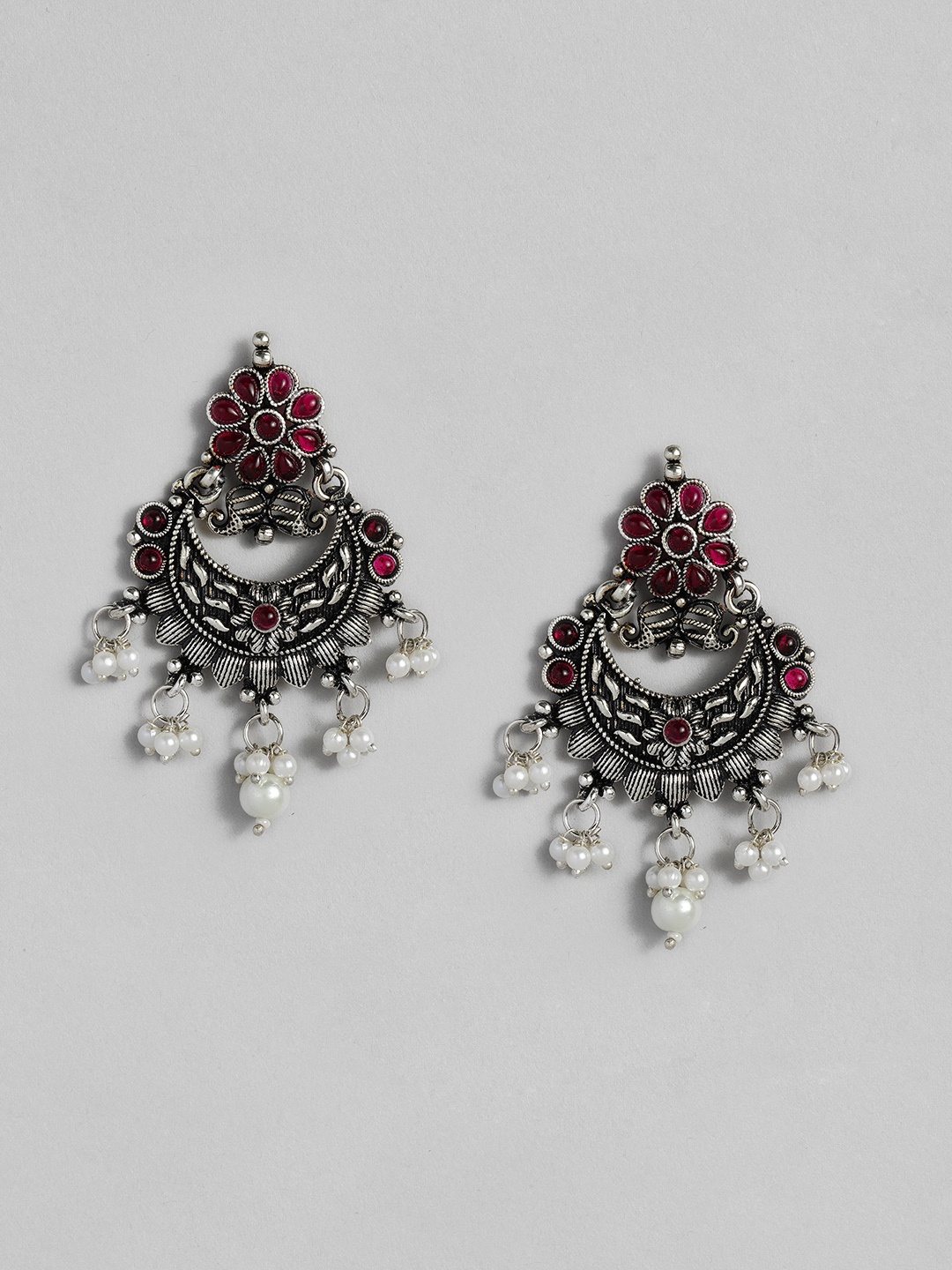 

Onaifa Silver-Toned & Pink Floral Chandbalis Earrings