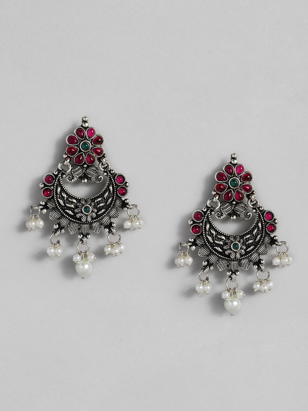 

Onaifa Silver-Toned & Red Circular Chandbalis Earrings