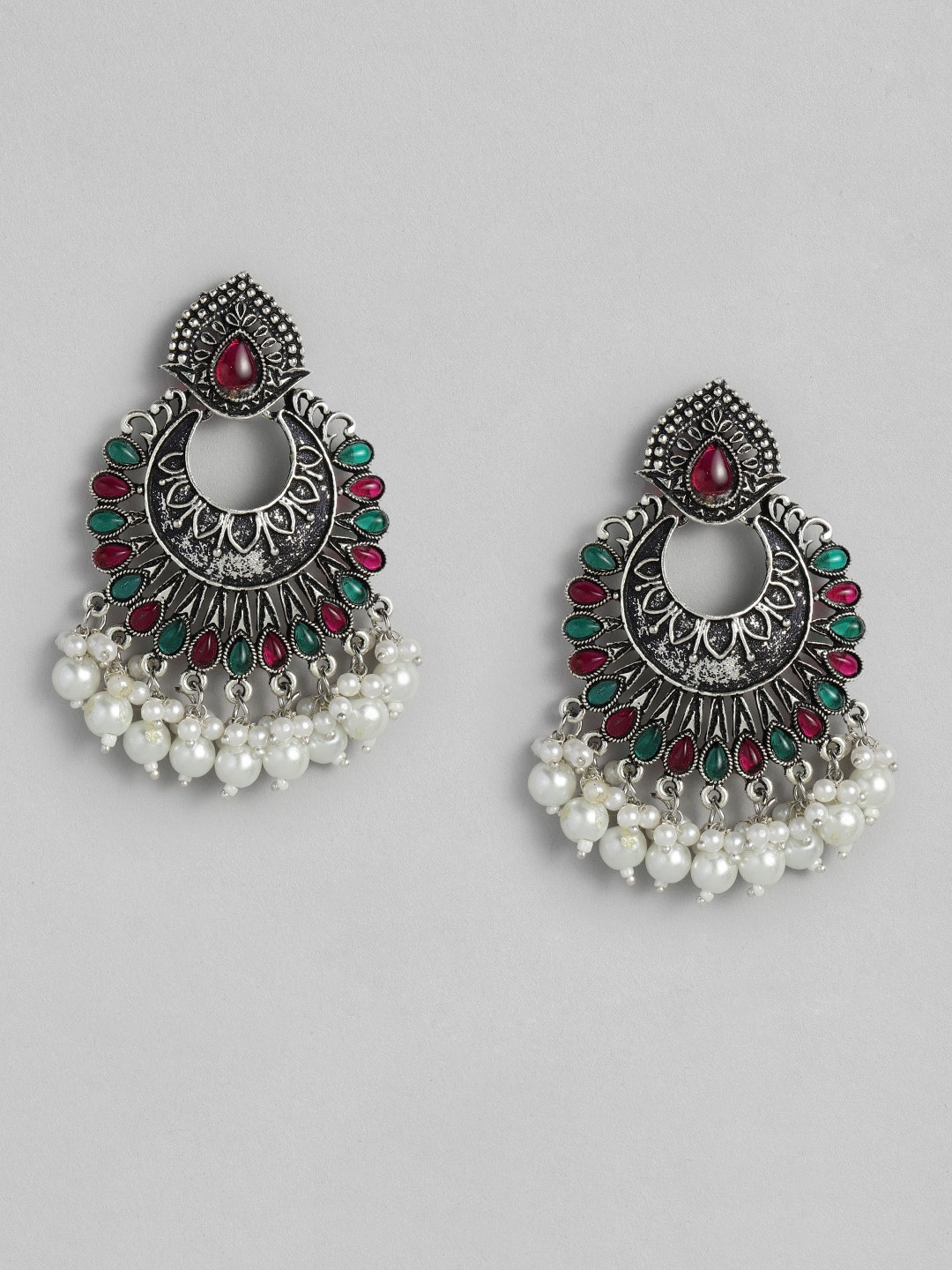 

Onaifa Silver-Toned & Red Circular Chandbalis Earrings