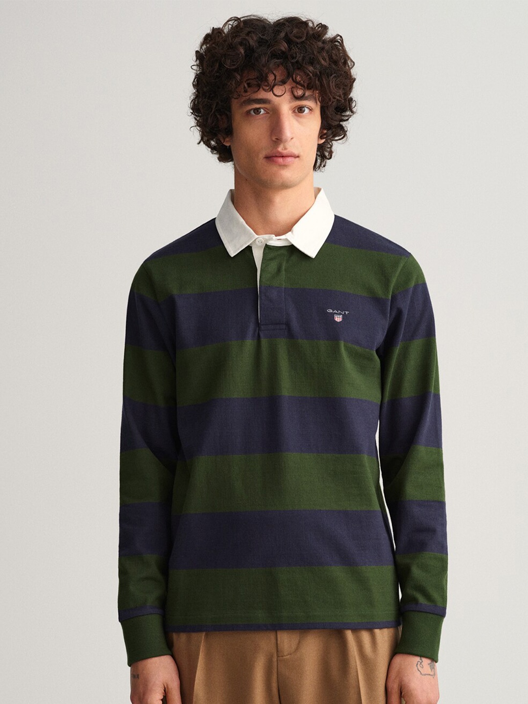 

GANT Men Green, Blue Striped Polo Collar Regular Fit T-shirt