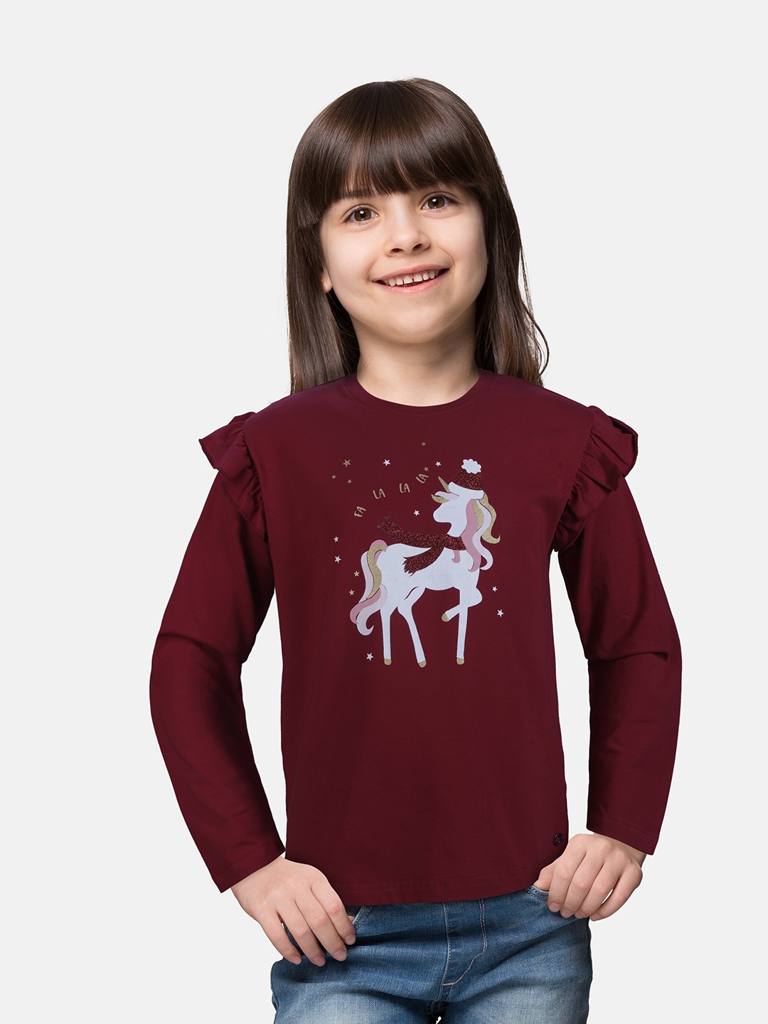 

Gini and Jony Girls Maroon Printed Top