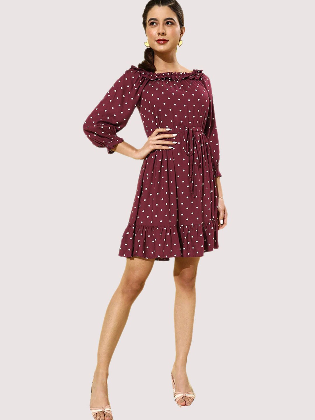

KEX Women Maroon Polka Dot Printed Crepe Fit & Flare Dress