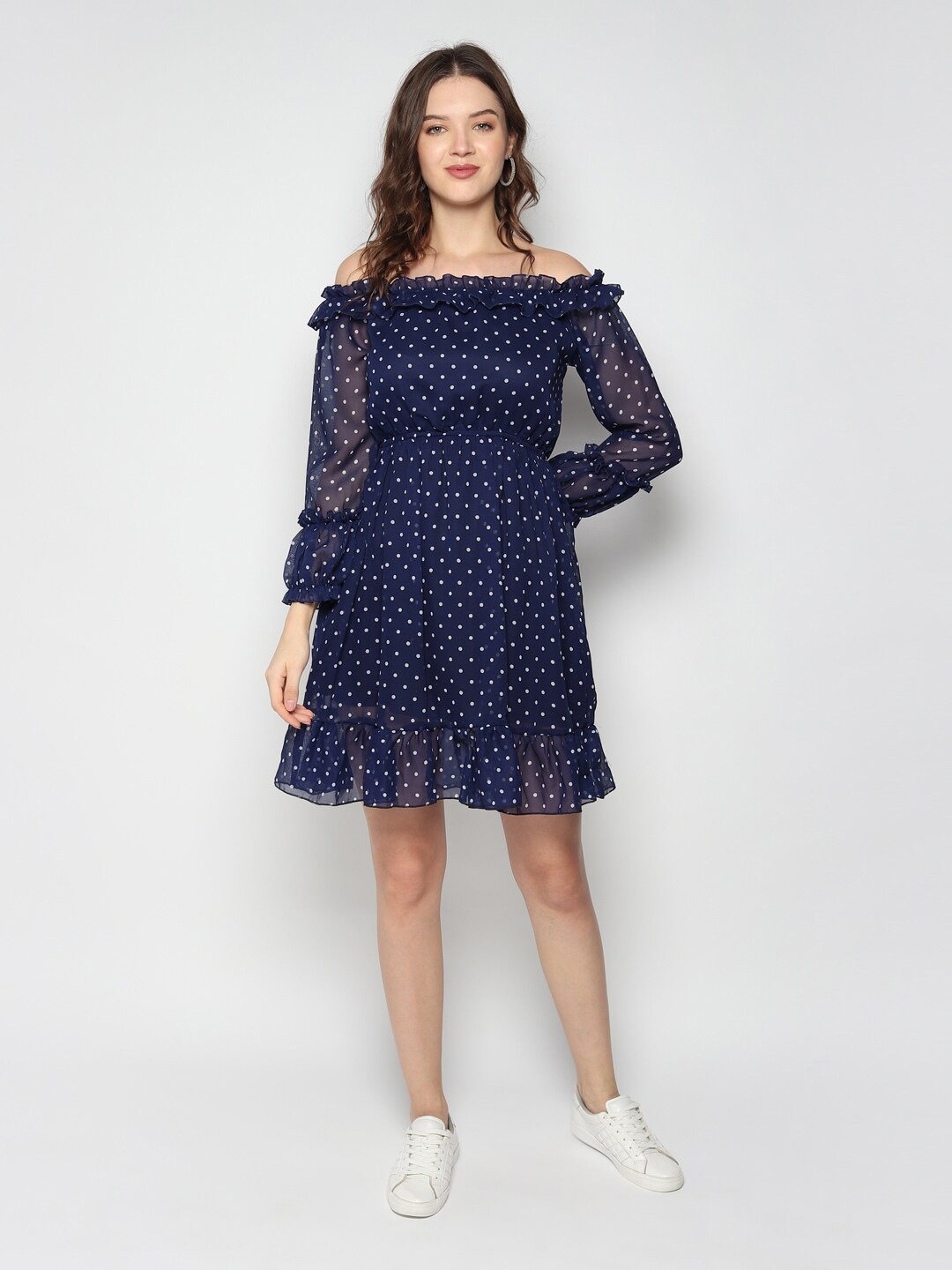 

KEX Blue & White Off-Shoulder Crepe Polka Dot Printed Fit and Flare Dress