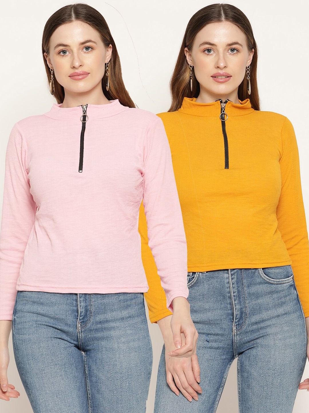 

Miaz Lifestyle Pack Of 2 Pink & Yellow Solid Regular Tops