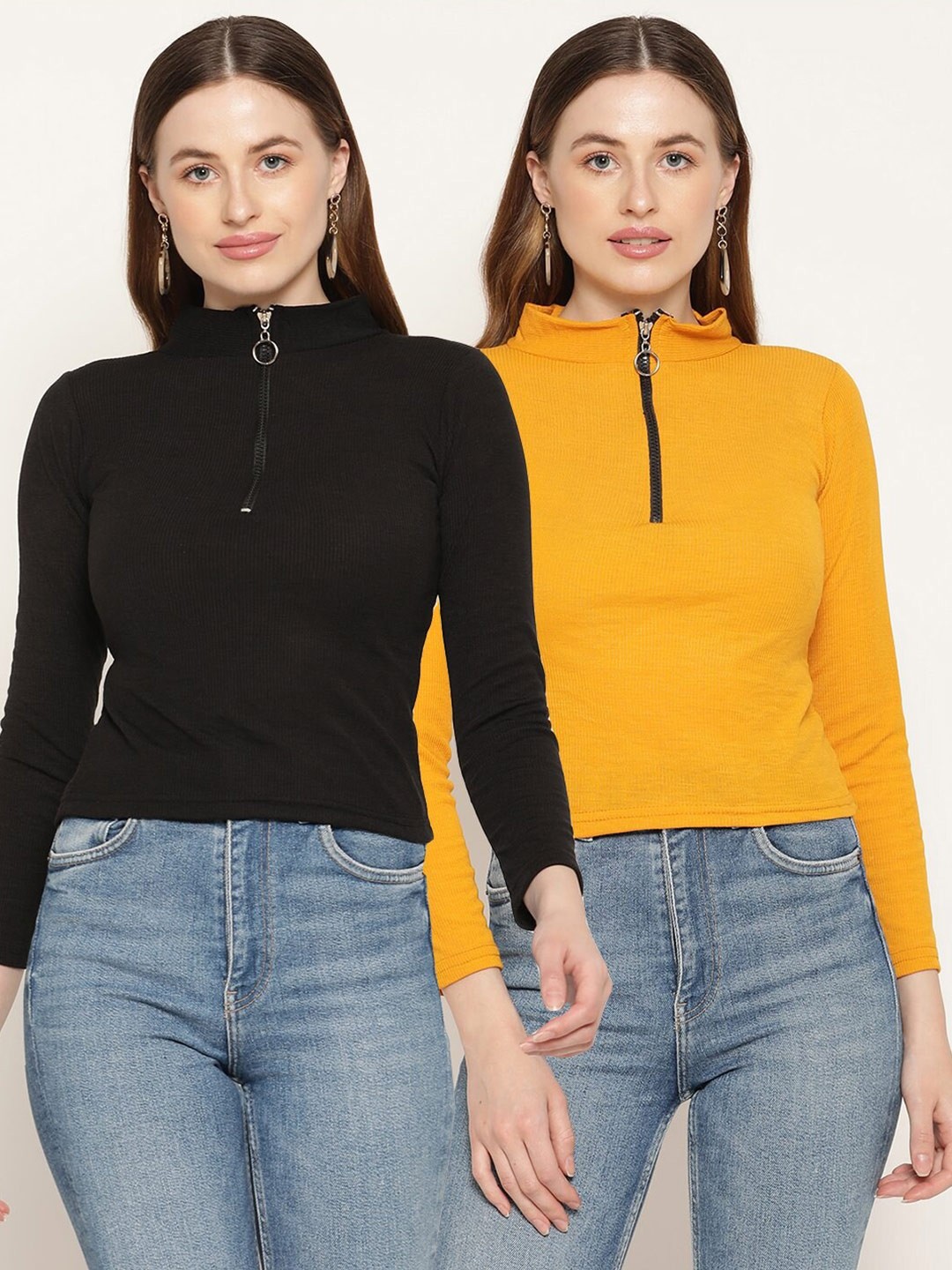 

Miaz Lifestyle Pack of 2 Black & Yellow High Neck Knitted Top