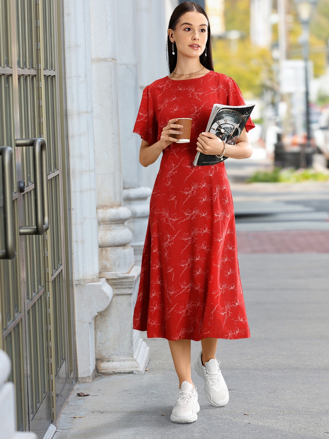 

Van Heusen Woman Red Floral Linen Midi Dress