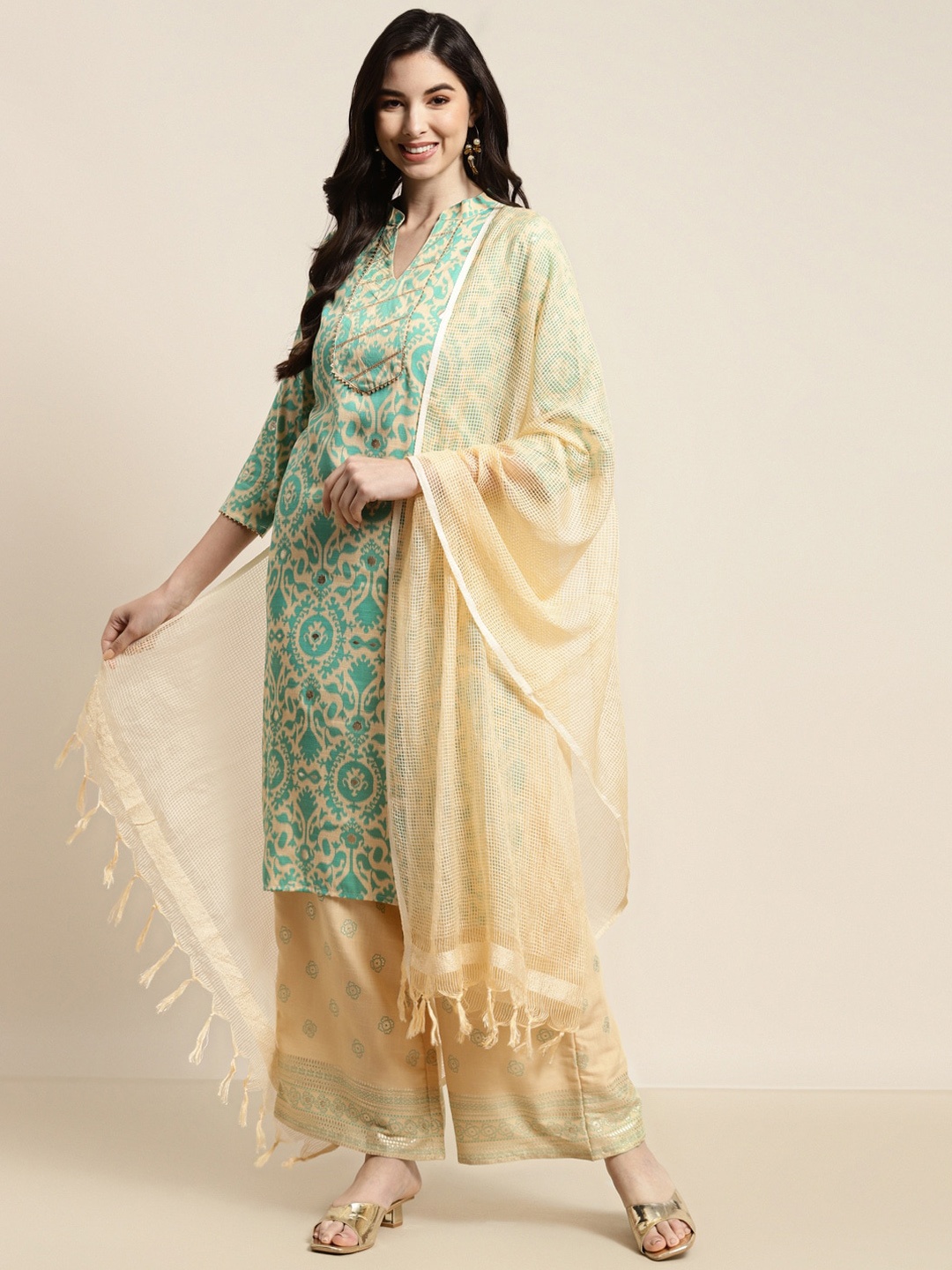 

Jompers Women Turquoise Blue Ethnic Motifs Printed Kurta with Palazzos & Dupatta