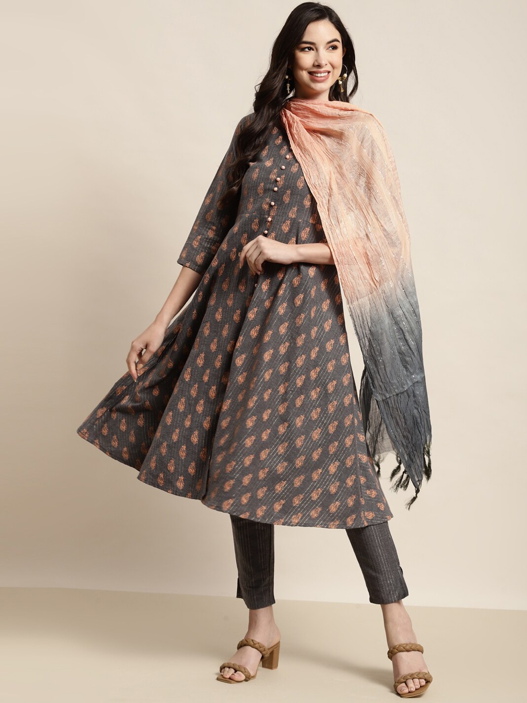 

Jompers Women Charcoal Ethnic Motifs Printed Kurta with Trousers & With Dupatta