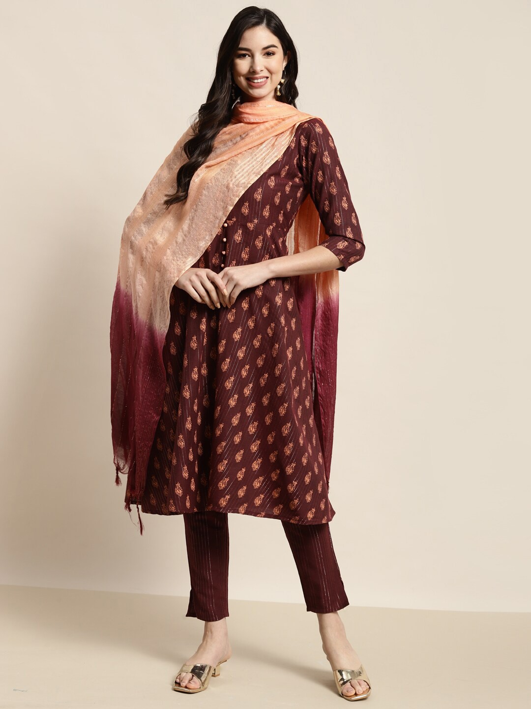 

Jompers Women Maroon Ethnic Motifs Empire Kurta with Trousers & With Dupatta