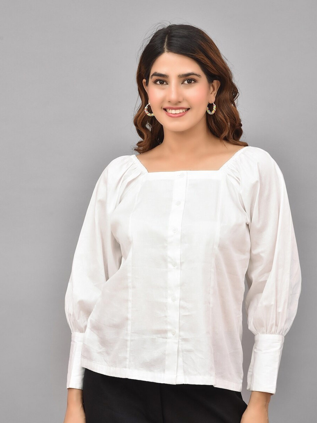 

CYU Women White Cuffed Sleeves Regular Top