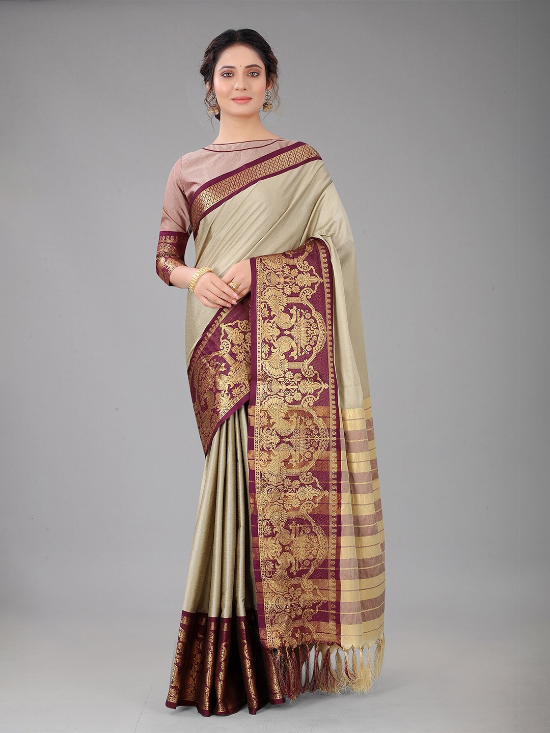 

Anjaneya Sarees Beige & Maroon Woven Design Zari Saree