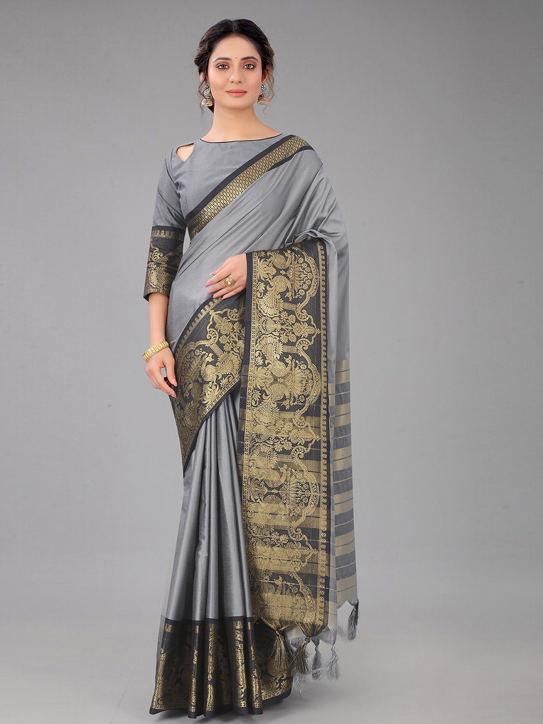 

Anjaneya Women Sarees Grey & Black Woven Design Zari Saree