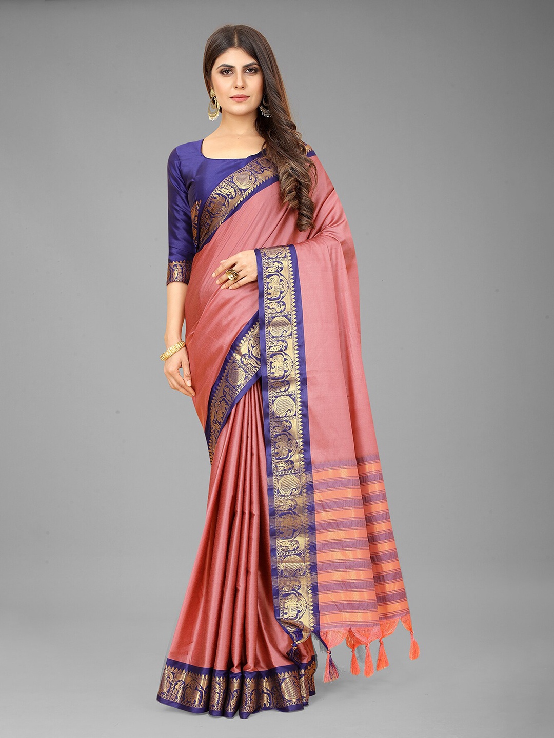 

Anjaneya Sarees Peach-Coloured & Blue Woven Design Zari Saree