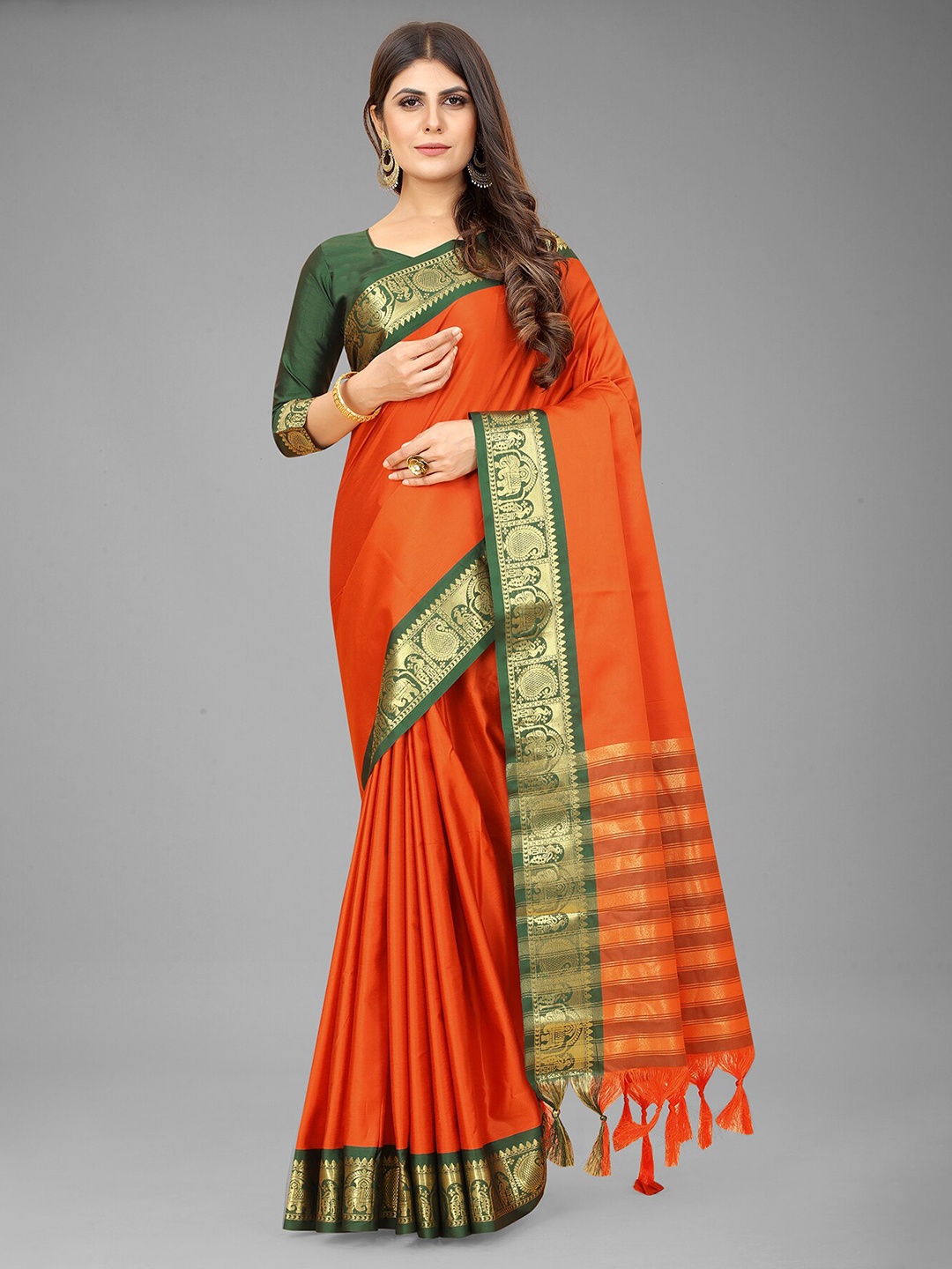 

Anjaneya Sarees Orange & Green Zari Saree