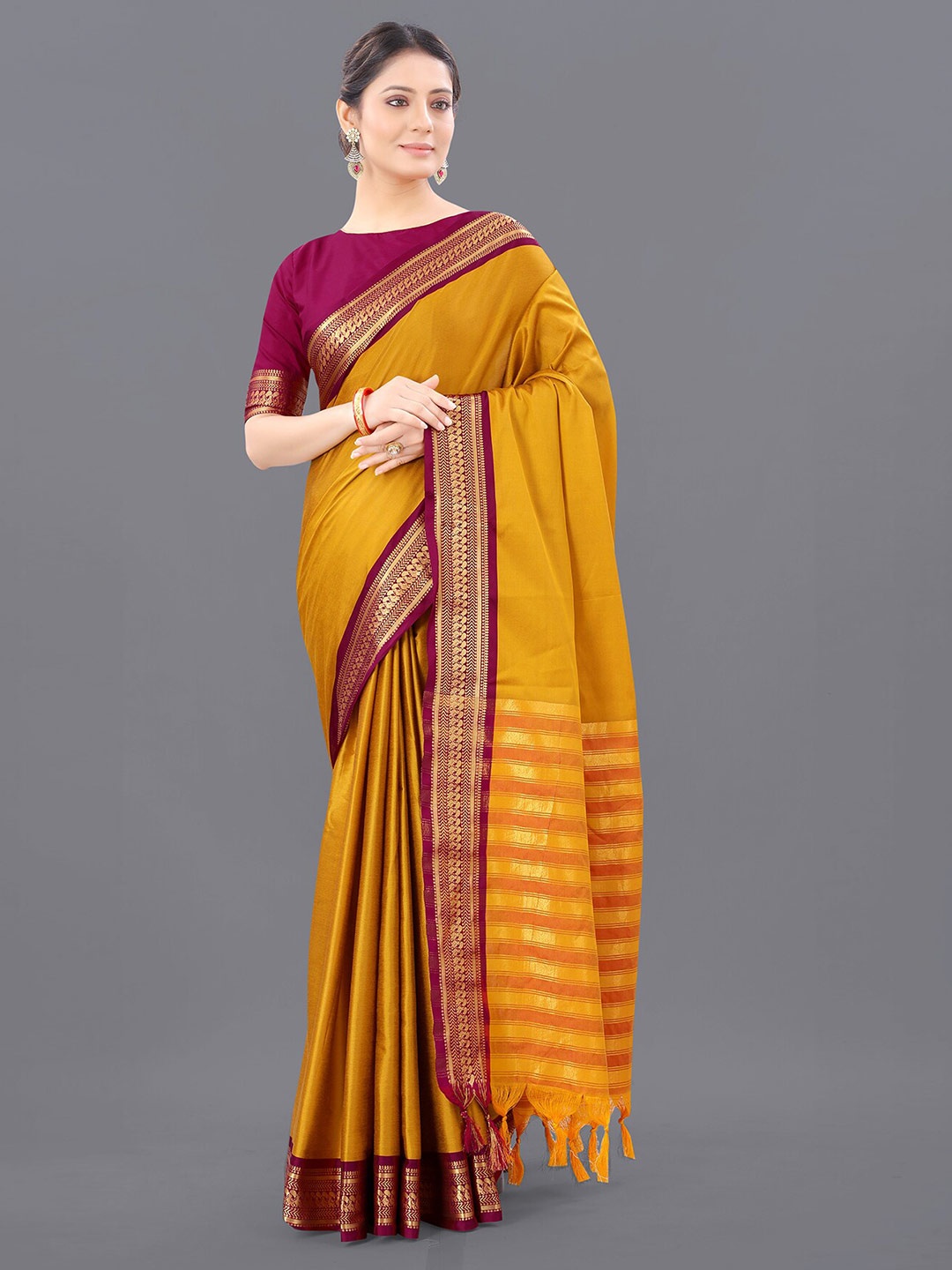 

Anjaneya Sarees Yellow & Maroon Zari Saree