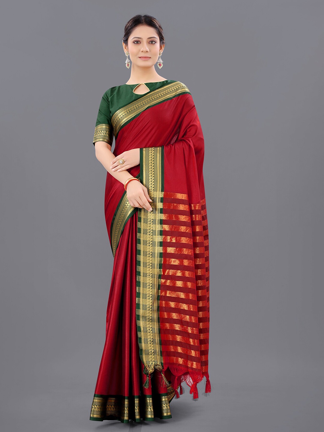 

Anjaneya Women Cotton Silk Saree Sarees Red & Green Zari Saree