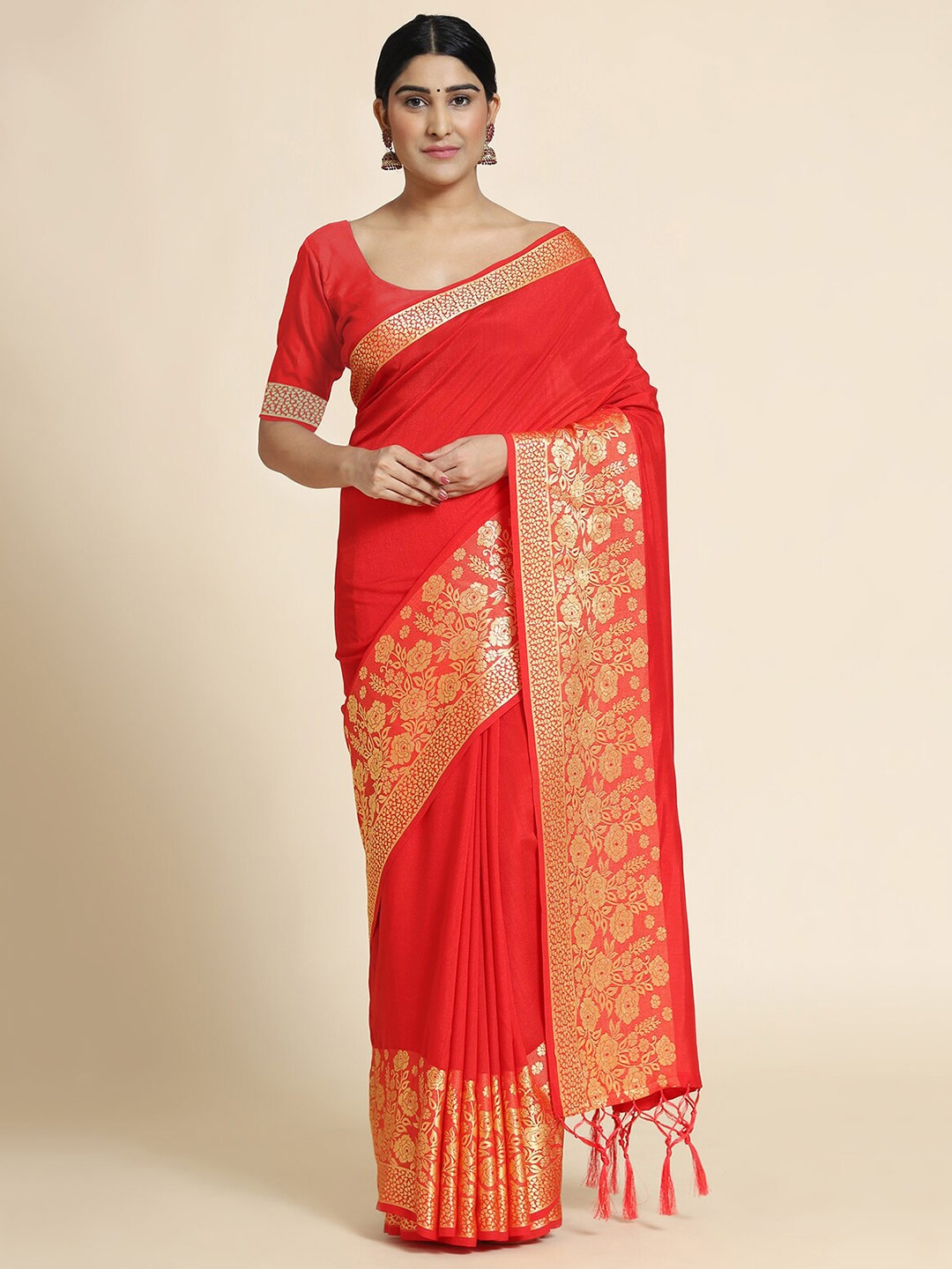 

Anjaneya Sarees Red & Gold-Toned Zari Silk Blend Saree