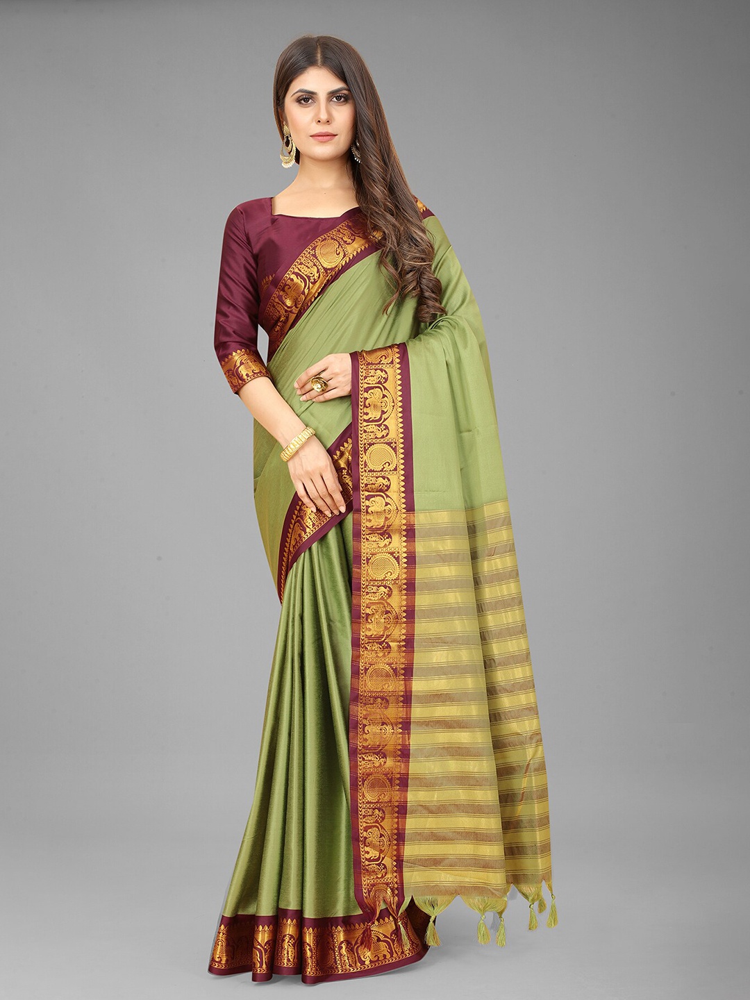 

Anjaneya Sarees Green & Maroon Zari Silk Cotton Saree