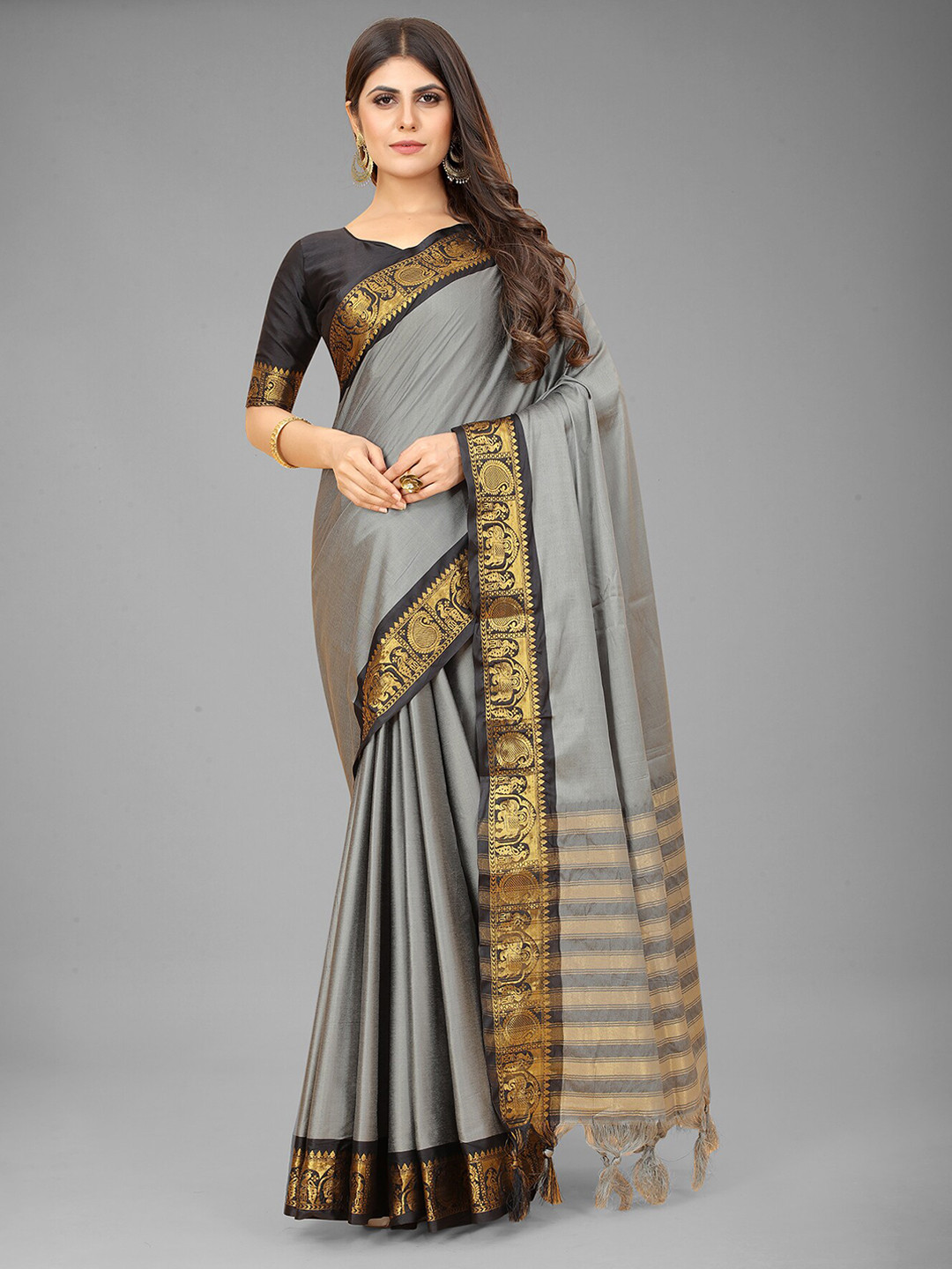 

Anjaneya Sarees Grey & Black Zari Saree