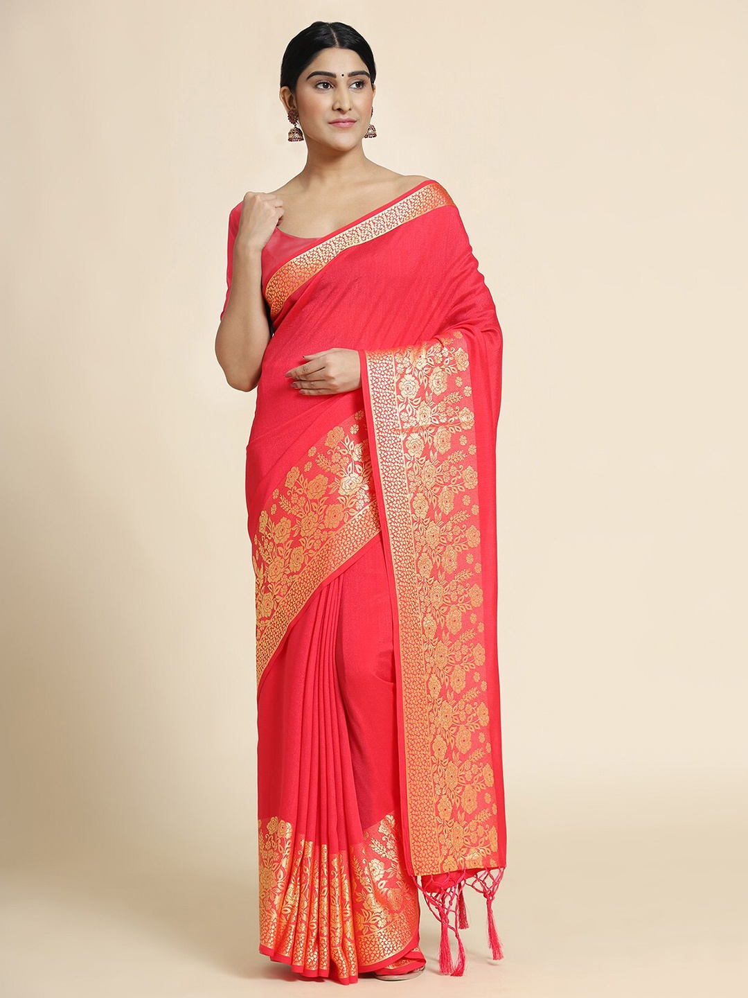 

Anjaneya Sarees Women Pink & Gold-Toned Zari Silk Blend Saree