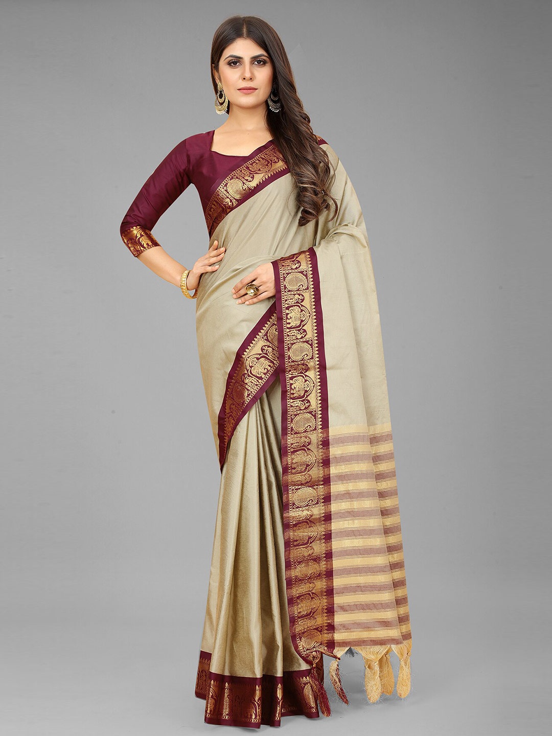 

Anjaneya Sarees Cream-Coloured & Maroon Zari Cotton Silk Saree