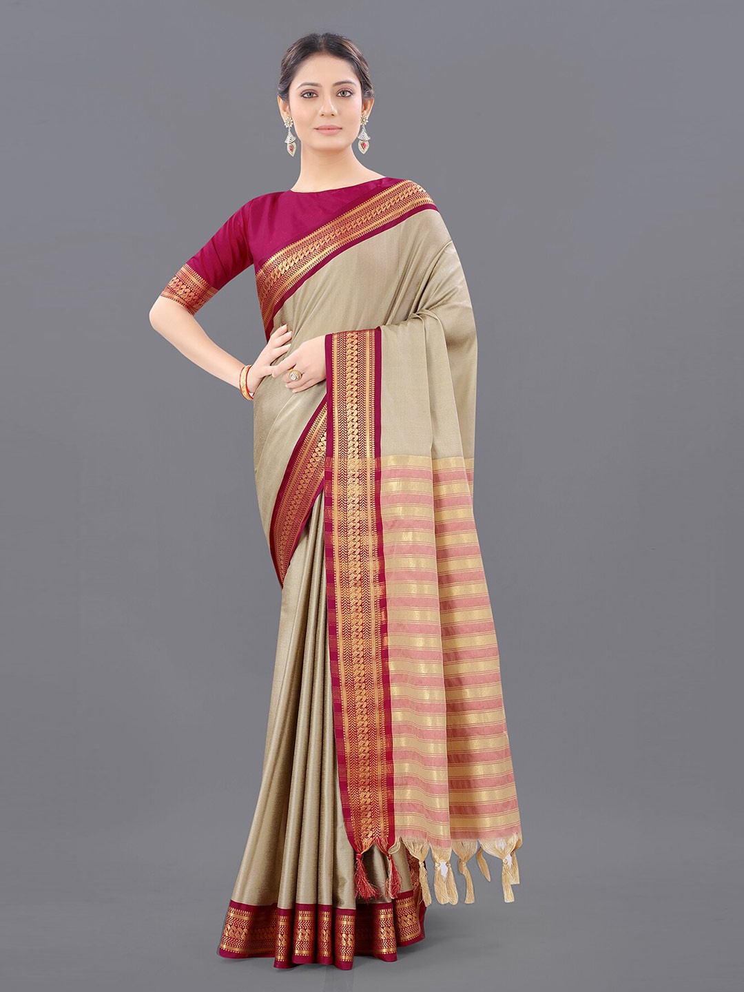 

Anjaneya Sarees Cream-Coloured & Maroon Zari Saree