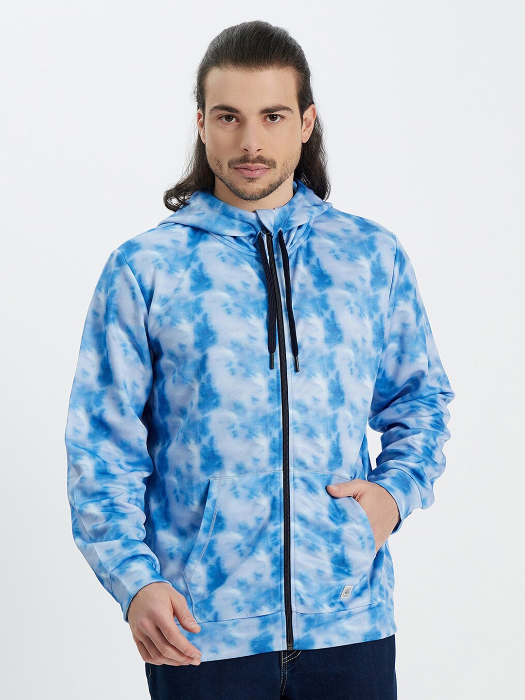 

EDRIO Men Blue Printed Hooded Sweatshirt