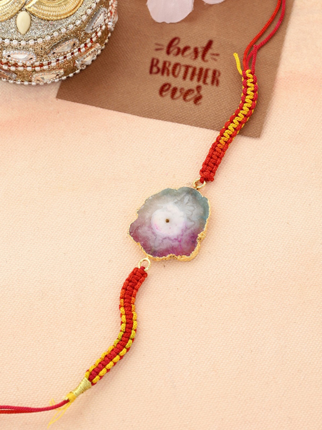 

Shoshaa Red & Purple Agate Stone Studded Thread Single Bhai Rakhi