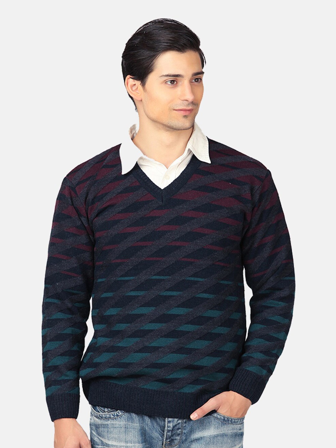 

aarbee Men Navy Blue Striped Woolen Sweater