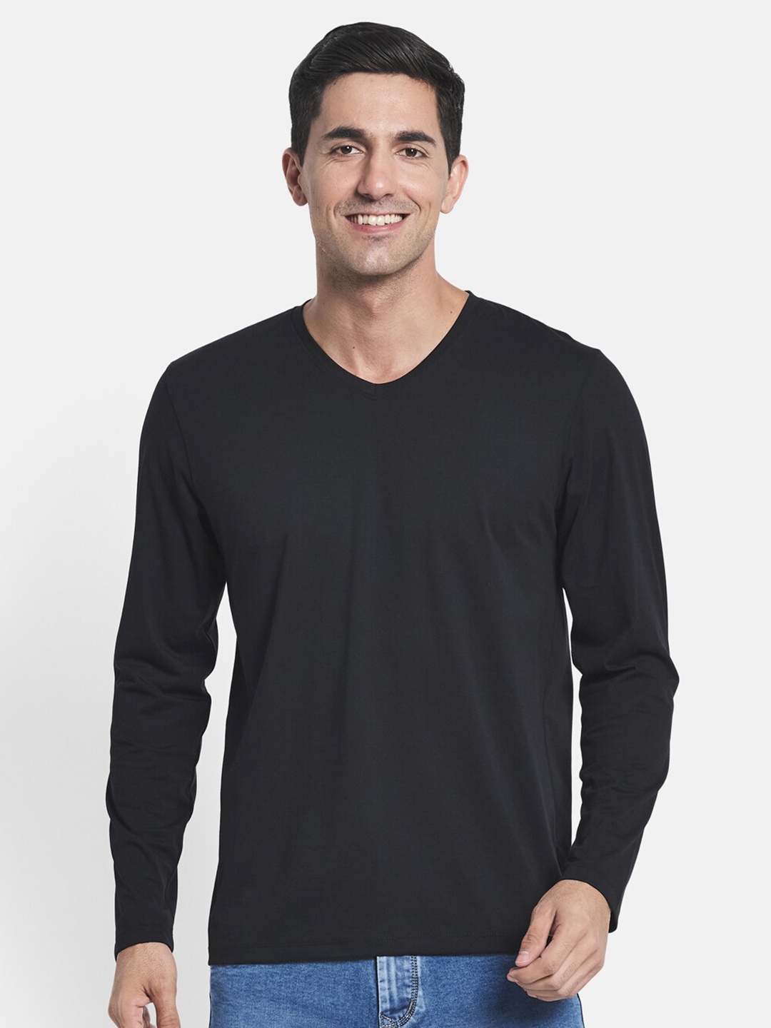 

METTLE Men Black Solid V-Neck Full Sleeve T-shirt