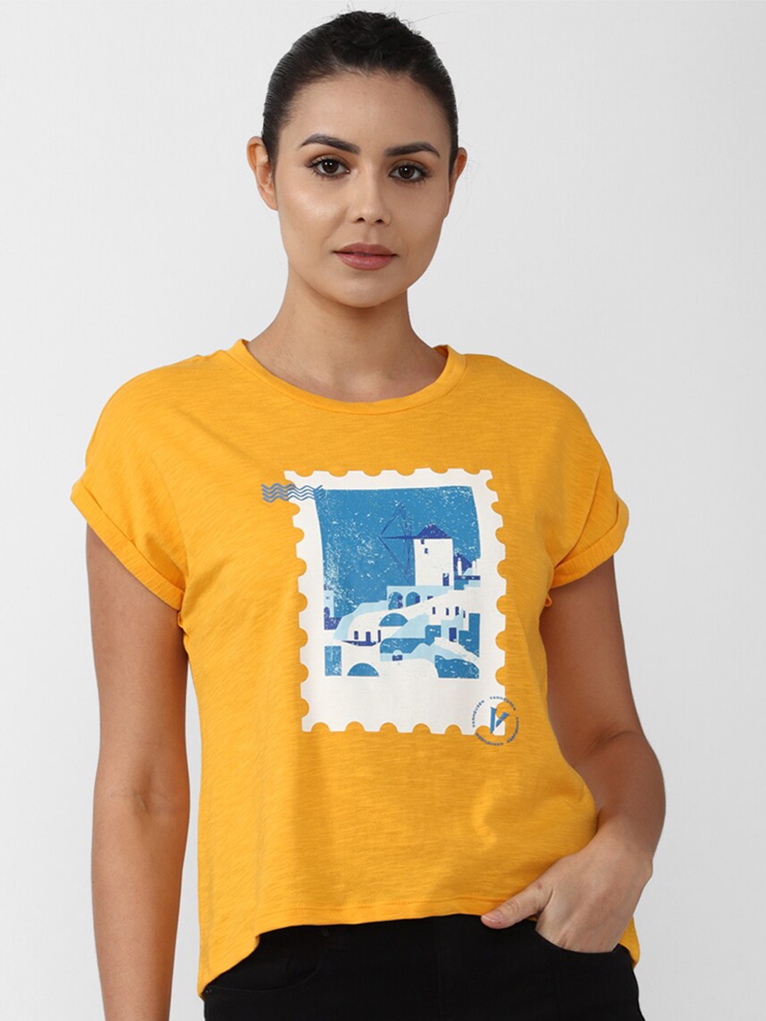 

Van Heusen Woman Yellow & Blue Print Extended Sleeves Pure Cotton Crop Top